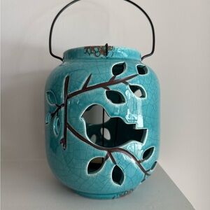 Turquoise Ceramic Lantern with Leaf Design